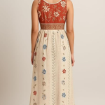 Floral Print Cotton Midi Dress, Sleeveless Empire Waist, Rust and Cream with Blue Accents Size 2 XL Georgette with Heavy Astra
