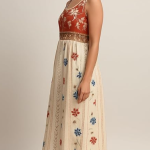 Floral Print Cotton Midi Dress, Sleeveless Empire Waist, Rust and Cream with Blue Accents Size 2 XL Georgette with Heavy Astra