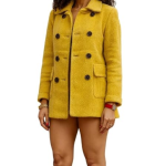 Women's Double-Breasted Wool Peacoat in Yellow, Classic Winter Outerwear with Black Buttons, Fashion Statement Coat