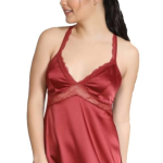 Satin Nightdress with Lace Trim, V-Neck, Racerback Design, Burgundy Red with Free Panty