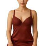 Satin Nightdress with Lace Trim, V-Neck, Racerback Design, Burgundy Red with Free Panty