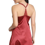 Satin Nightdress with Lace Trim, V-Neck, Racerback Design, Burgundy Red with Free Panty