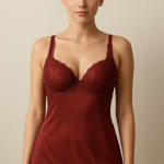 Satin Nightdress with Lace Trim, V-Neck, Racerback Design, Burgundy Red with Free Panty