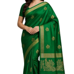 Traditional Silk Saree with Peacock Border Design, Emerald Green with Gold Zari Work,