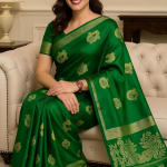 Traditional Silk Saree with Peacock Border Design, Emerald Green with Gold Zari Work,
