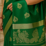 Traditional Silk Saree with Peacock Border Design, Emerald Green with Gold Zari Work,