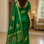 Traditional Silk Saree with Peacock Border Design, Emerald Green with Gold Zari Work,