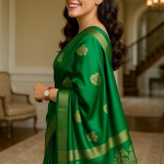 Traditional Silk Saree with Peacock Border Design, Emerald Green with Gold Zari Work,