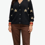 Women's Black Cardigan with Gold Star Pattern, Button Front, V-Neck, Long Sleeve Knit Sweater only m Size