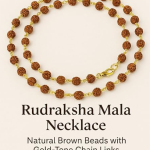 Rudraksha Mala Necklace | Natural Brown Beads with Gold-Tone Chain Links for Meditation
