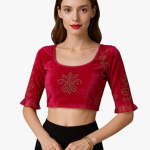 Velvet Crop Top Blouse – Gold Studded Design with Ruffle Sleeves | Readymade Ethnic Blouse for Saree, Lehenga & Festive Occasions