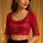 Velvet Crop Top Blouse – Gold Studded Design with Ruffle Sleeves | Readymade Ethnic Blouse for Saree, Lehenga & Festive Occasions