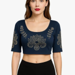 Velvet Crop Top Blouse – Gold Studded Design with Ruffle Sleeves | Readymade Ethnic Blouse for Saree, Lehenga & Festive Occasions