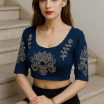 Velvet Crop Top Blouse – Gold Studded Design with Ruffle Sleeves | Readymade Ethnic Blouse for Saree, Lehenga & Festive Occasions