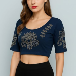 Velvet Crop Top Blouse – Gold Studded Design with Ruffle Sleeves | Readymade Ethnic Blouse for Saree, Lehenga & Festive Occasions