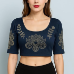 Velvet Crop Top Blouse – Gold Studded Design with Ruffle Sleeves | Readymade Ethnic Blouse for Saree, Lehenga & Festive Occasions