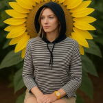 Casual Striped Hooded Long Sleeve Pullover, Black and White Stripes, Cotton Blend, Drawstring Hood XL Size