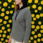 Casual Striped Hooded Long Sleeve Pullover, Black and White Stripes, Cotton Blend, Drawstring Hood XL Size