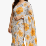 Floral Print silk Saree with Yellow Flowers, White Base, Grey Leaves Pattern, Traditional Indian Wear