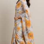 Floral Print silk Saree with Yellow Flowers, White Base, Grey Leaves Pattern, Traditional Indian Wear