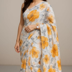 Floral Print silk Saree with Yellow Flowers, White Base, Grey Leaves Pattern, Traditional Indian Wear