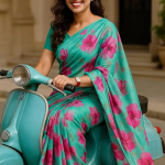 Floral Print Silk Saree, Turquoise Green with Pink Flowers, Casual Traditional Indian Drape