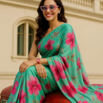 Floral Print Silk Saree, Turquoise Green with Pink Flowers, Casual Traditional Indian Drape