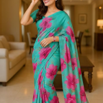 Floral Print Silk Saree, Turquoise Green with Pink Flowers, Casual Traditional Indian Drape