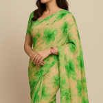 Elegant Floral Print Organza Saree, Green and Beige, Traditional Indian Wear, Casual Party Style silk saree