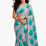 Floral Print silk Saree, Turquoise Blue and Pink, Casual  Traditional Indian Sari with Floral Pattern
