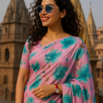 Floral Print silk Saree, Turquoise Blue and Pink, Casual  Traditional Indian Sari with Floral Pattern