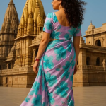 Floral Print silk Saree, Turquoise Blue and Pink, Casual  Traditional Indian Sari with Floral Pattern
