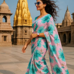 Floral Print silk Saree, Turquoise Blue and Pink, Casual  Traditional Indian Sari with Floral Pattern