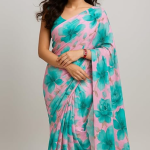Floral Print silk Saree, Turquoise Blue and Pink, Casual  Traditional Indian Sari with Floral Pattern