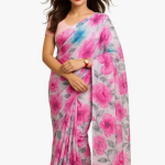 Floral Prin silk Saree, Pink and White with Grey Leaves, Casual Wear Traditional Indian Drape