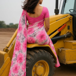 Floral Prin silk Saree, Pink and White with Grey Leaves, Casual Wear Traditional Indian Drape
