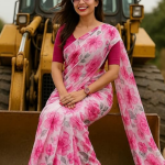 Floral Prin silk Saree, Pink and White with Grey Leaves, Casual Wear Traditional Indian Drape