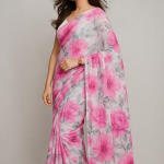 Floral Prin silk Saree, Pink and White with Grey Leaves, Casual Wear Traditional Indian Drape