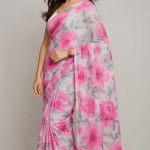 Floral Prin silk Saree, Pink and White with Grey Leaves, Casual Wear Traditional Indian Drape
