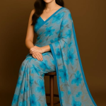 Floral Print Organza Saree, Light Blue and Grey, V-Neck Blouse, Traditional Indian Wear
