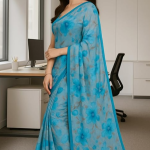 Floral Print Organza Saree, Light Blue and Grey, V-Neck Blouse, Traditional Indian Wear