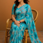 Elegant Floral Print Silk Saree, Turquoise Blue, Traditional Indian Wear, Casual Style