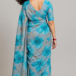 Elegant Floral Print Silk Saree, Turquoise Blue, Traditional Indian Wear, Casual Style