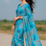 Elegant Floral Print Silk Saree, Turquoise Blue, Traditional Indian Wear, Casual Style