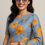 Elegant Floral Print Saree, Light Blue with Orange Flowers, ट्रेडिशनल silk saree Drape, Casual Wear
