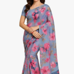Elegant Floral Print silk Saree, Grey Blue with Pink Flowers, Casual Wear Traditional Indian Drape