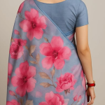 Elegant Floral Print silk Saree, Grey Blue with Pink Flowers, Casual Wear Traditional Indian Drape