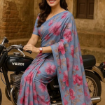 Elegant Floral Print silk Saree, Grey Blue with Pink Flowers, Casual Wear Traditional Indian Drape