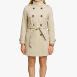 Classic Double-Breasted Belted Trench Coat, Cream, Wool Blend, Long Sleeve, High Neck, Winter Outerwear34 size only