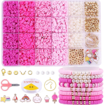 Luxenor Bracelet Making Kit Pink with Beads, Pearls, Charms, Scissors and Elastic String for Jewelry Crafts,Pink Clay Beads Bracelet Making Kit,3500Pcs Polymer Clay Beads